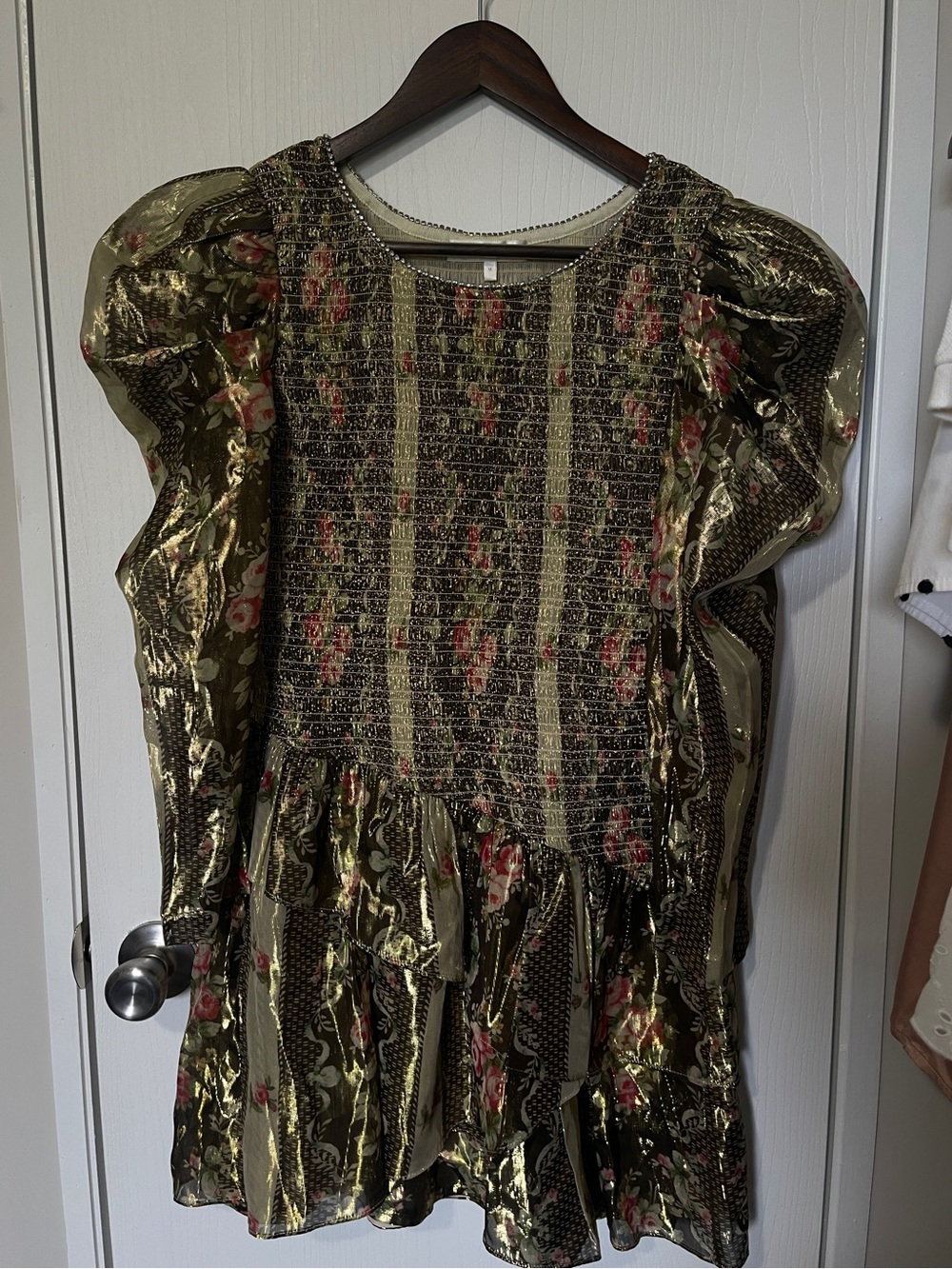 LoveShackFancy Olive, Gold and Red Embellished Dress Top